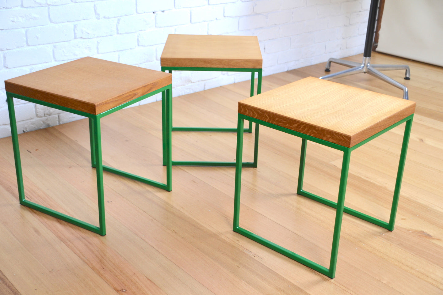 Modern designer stools /side table in natural Oak green frame