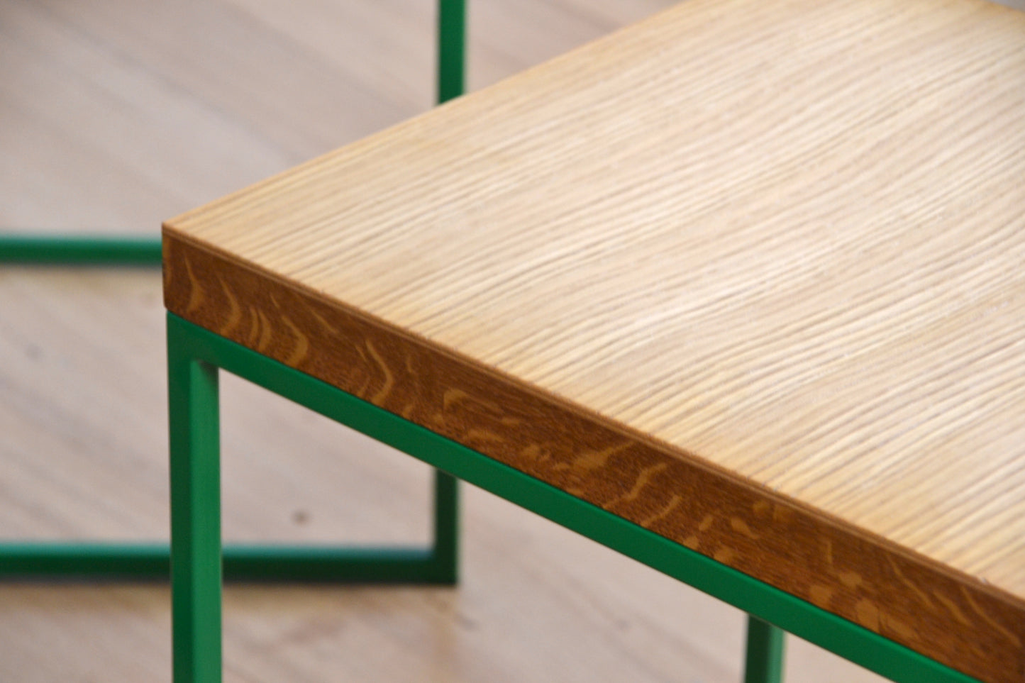 Modern designer stools /side table in natural Oak green frame