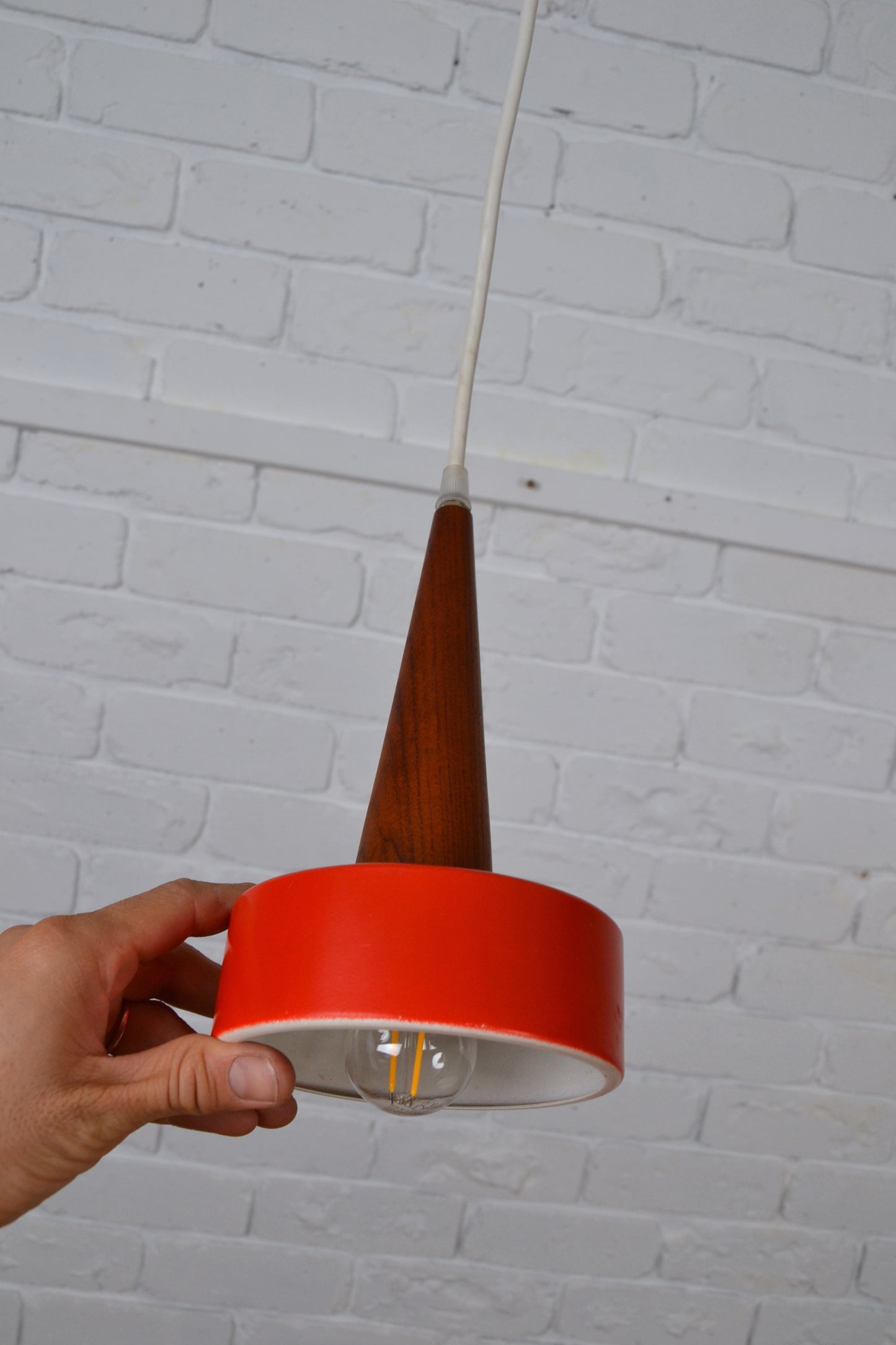 Vintage Danish small pendant light Teak / red
