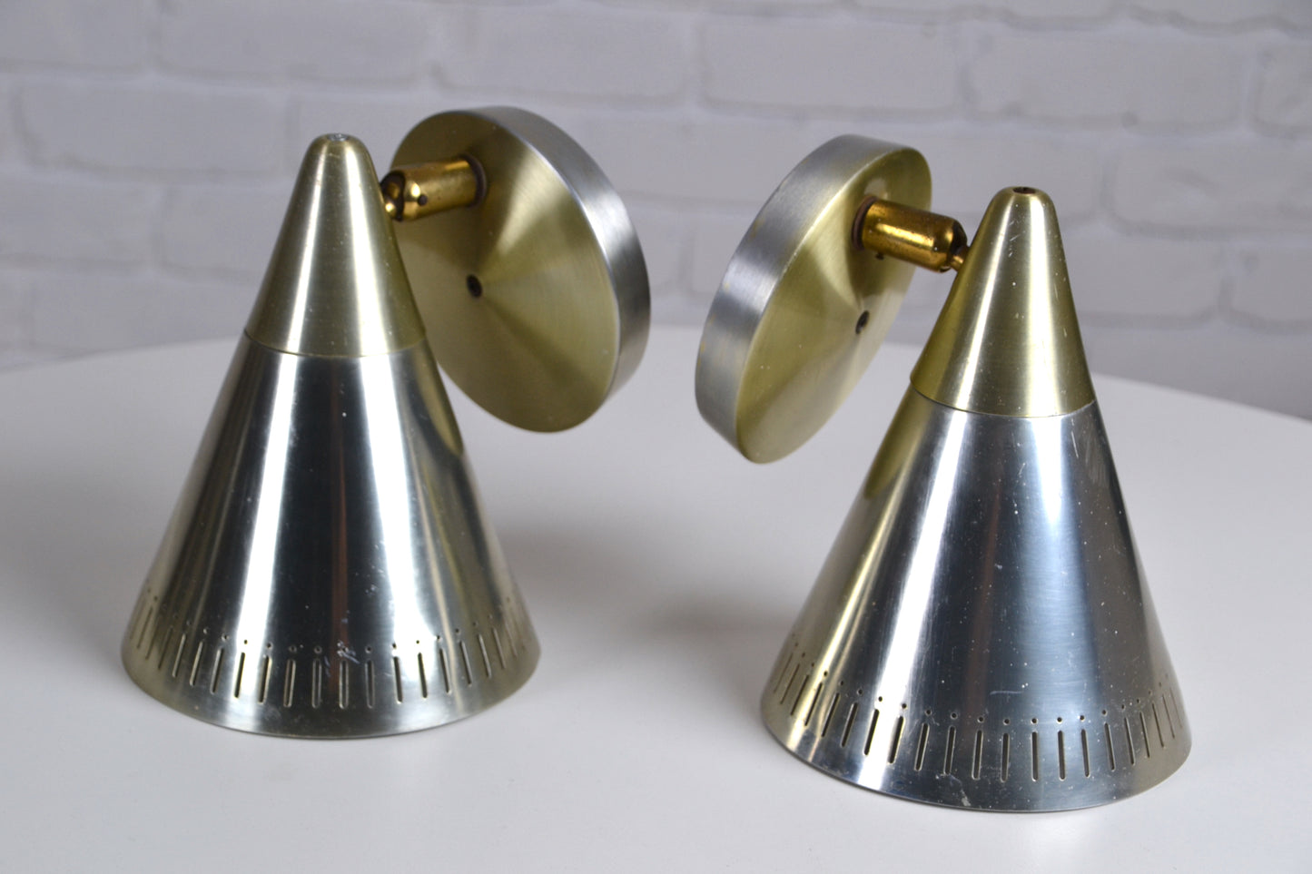 Pair mid century anodised cone wall sconces Kempthorne