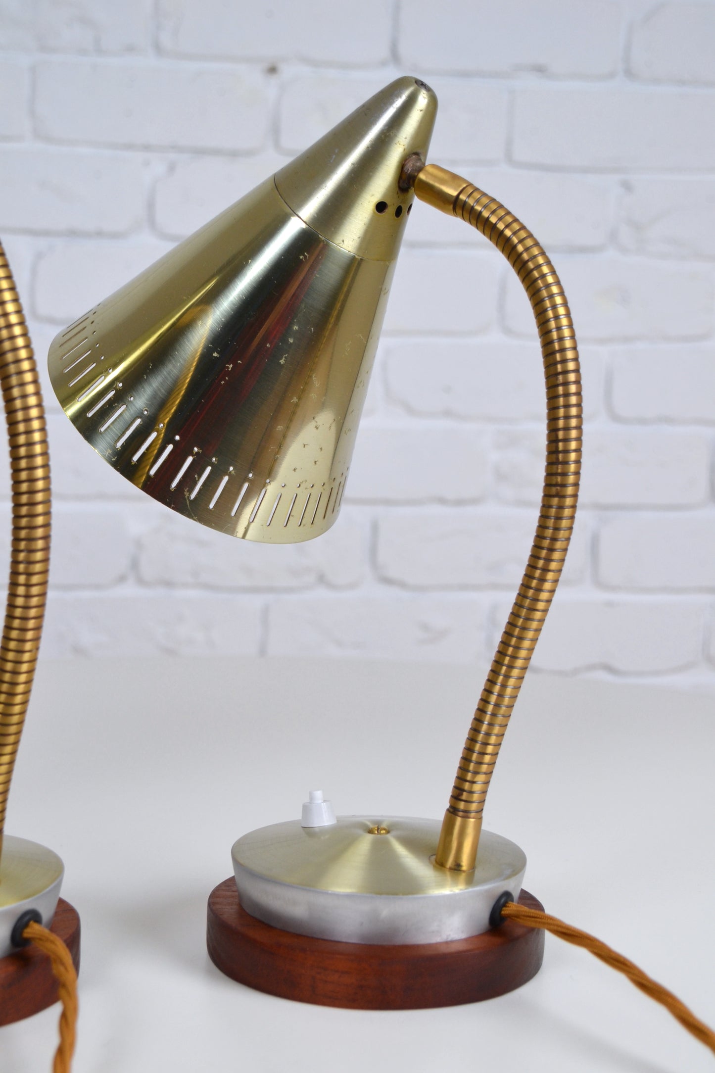 Pair unique mid century anodised brass / silver cone desk lamps by Kempthorne