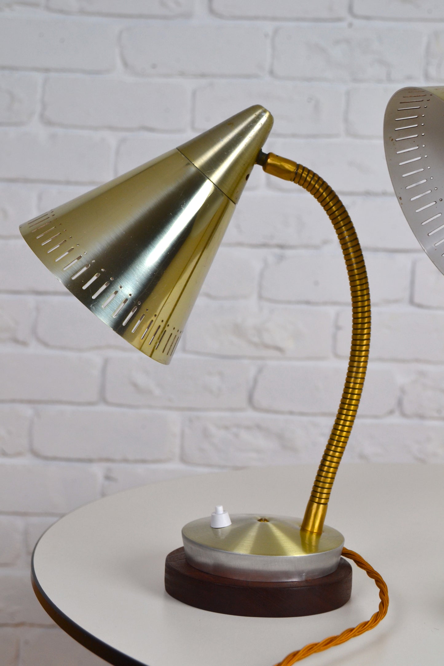 Pair unique mid century anodised brass / silver cone desk lamps by Kempthorne