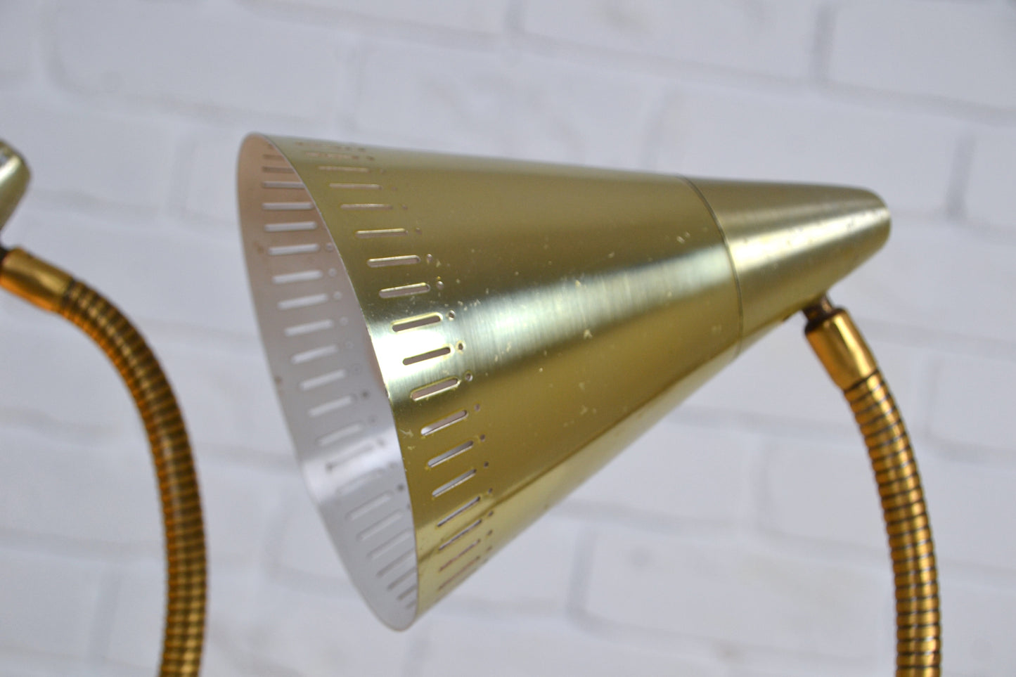 Pair unique mid century anodised brass / silver cone desk lamps by Kempthorne