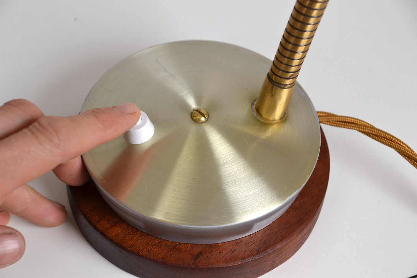 Pair unique mid century anodised brass / silver cone desk lamps by Kempthorne