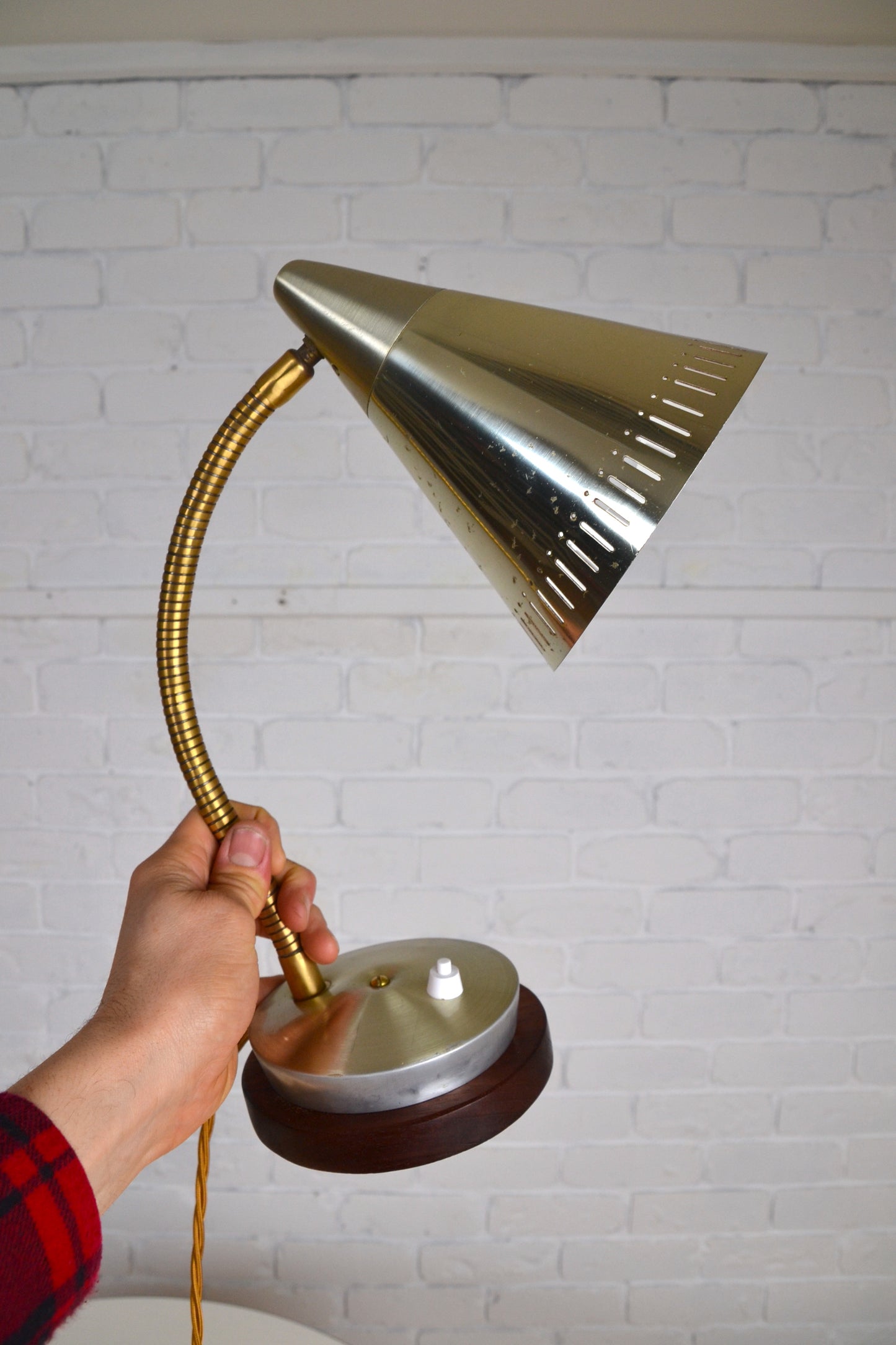 Pair unique mid century anodised brass / silver cone desk lamps by Kempthorne