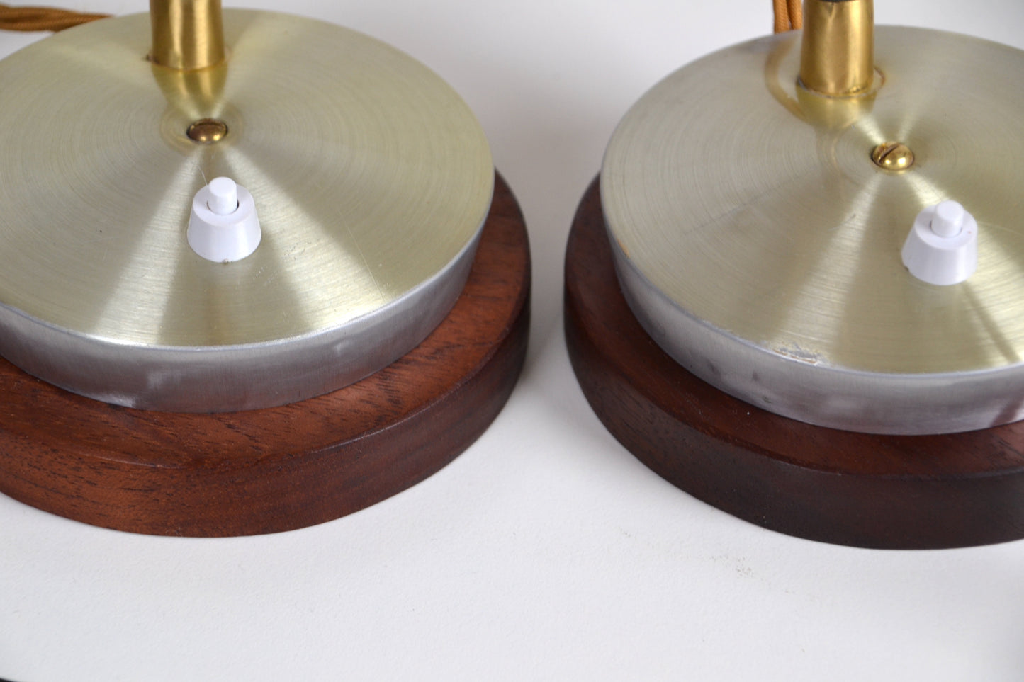 Pair unique mid century anodised brass / silver cone desk lamps by Kempthorne