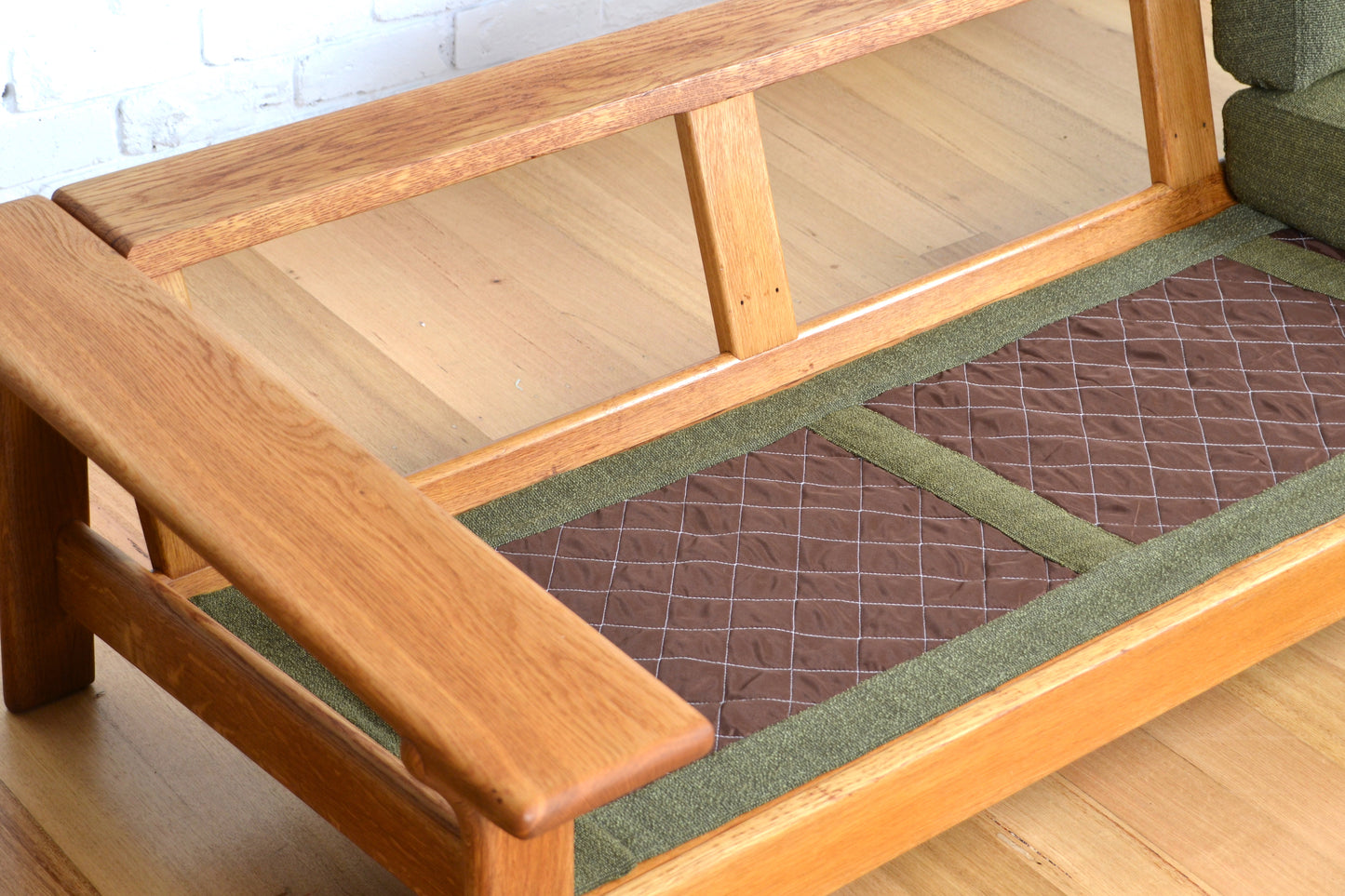 Unique vintage three seater low-lined Danish sofa *Restored Wool & Oak