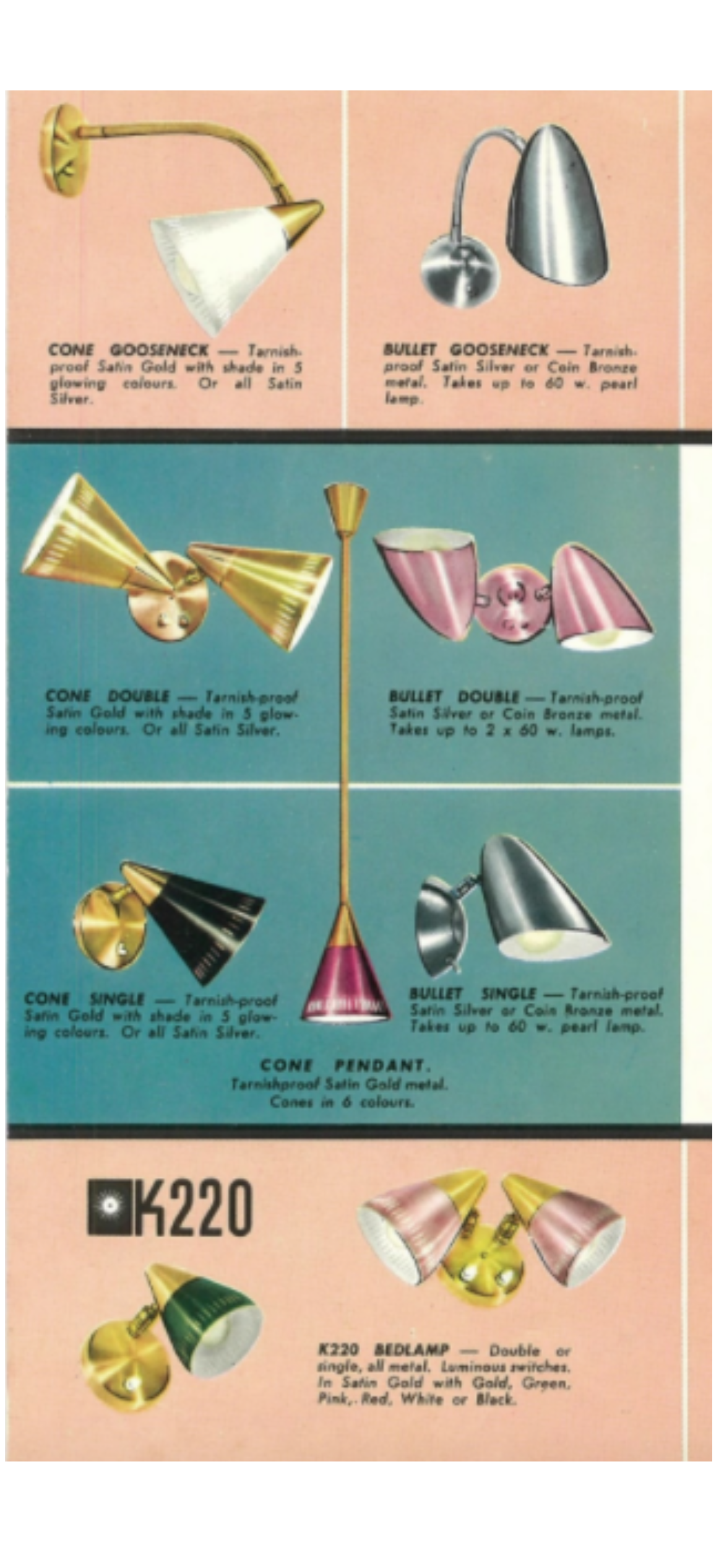 Pair unique mid century anodised brass / silver cone desk lamps by Kempthorne