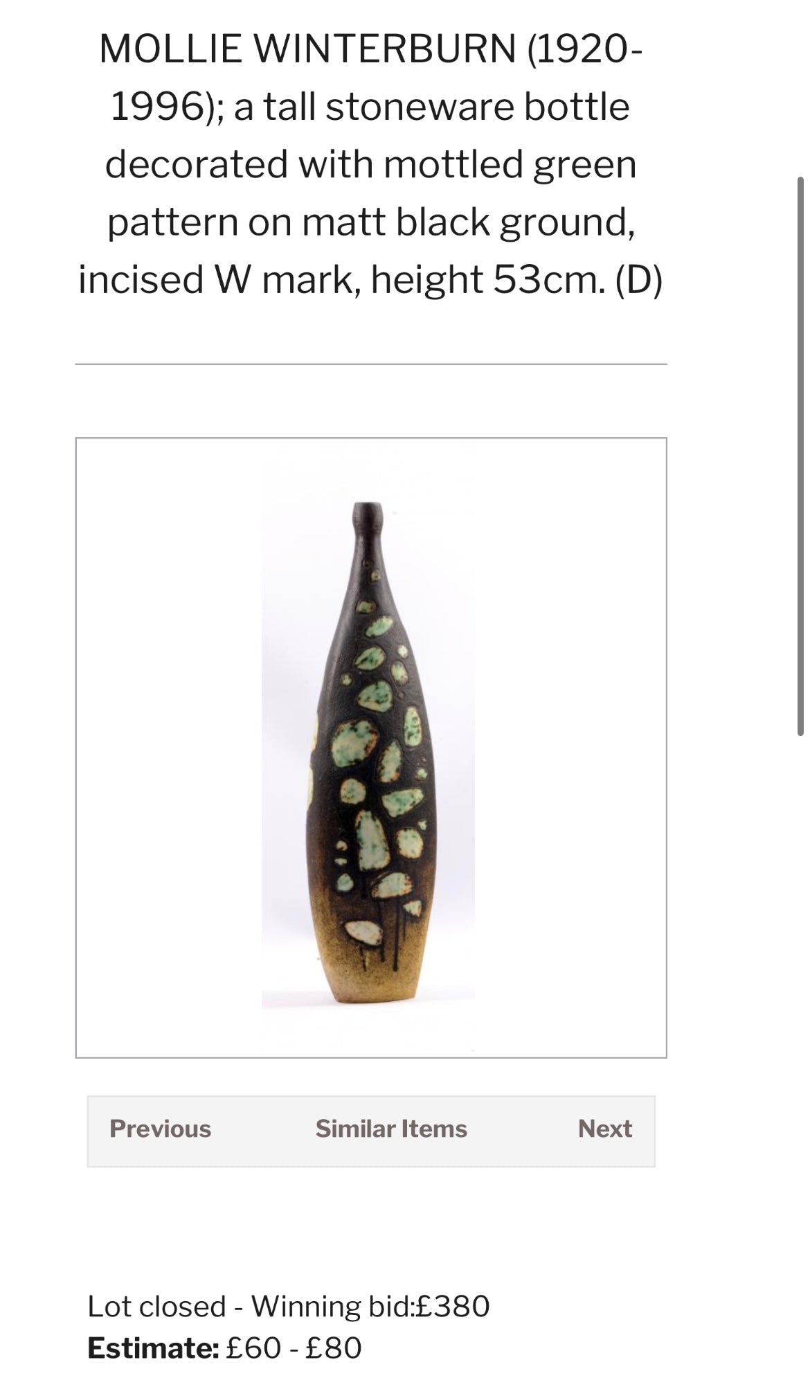 English Mid century collectable pottery / ceramic vase By Molly Winterburn
