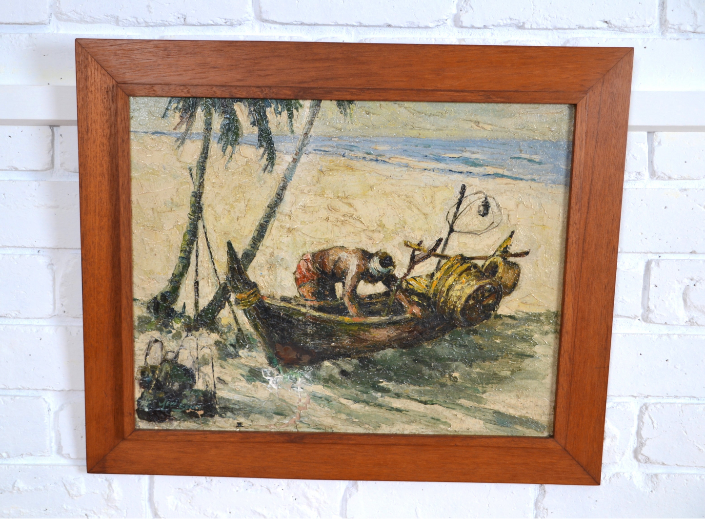 Original vintage art work oil painting 'fisherman' original by Yew Seng