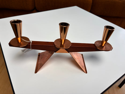 Mid century Teak & copper candle holder table centre