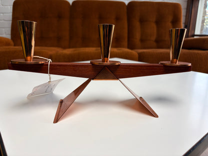 Mid century Teak & copper candle holder table centre