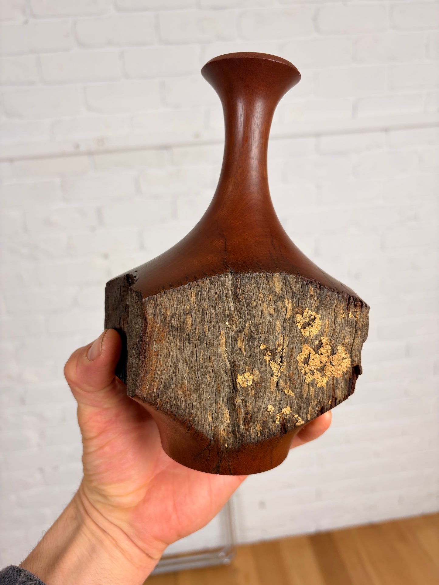 unique abstract art wooden vase bark & lichen