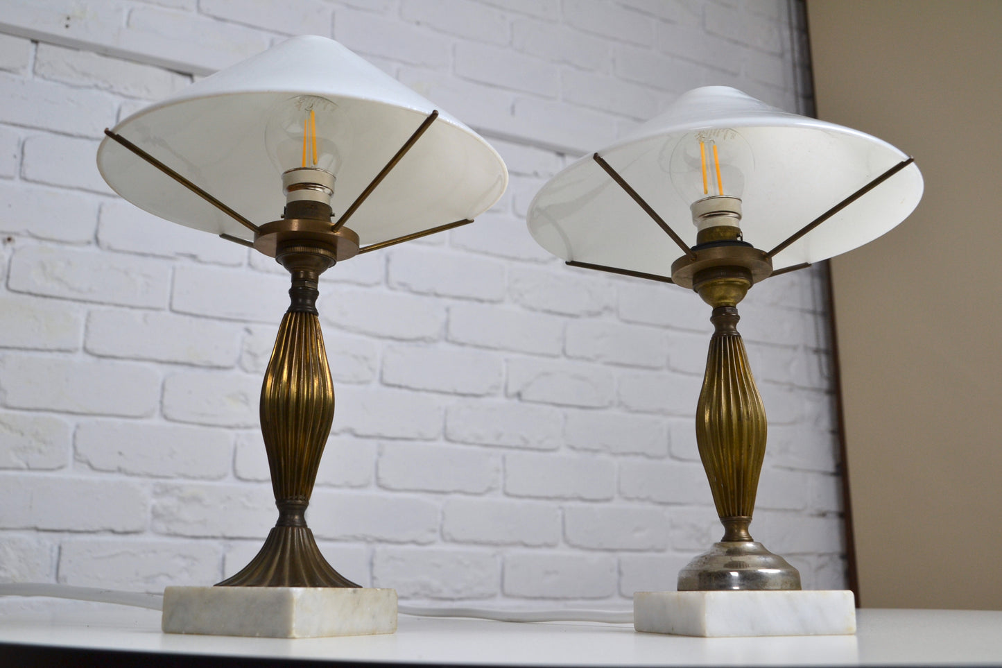 Pair of Art Deco Italian glass & marble petite table lamps
