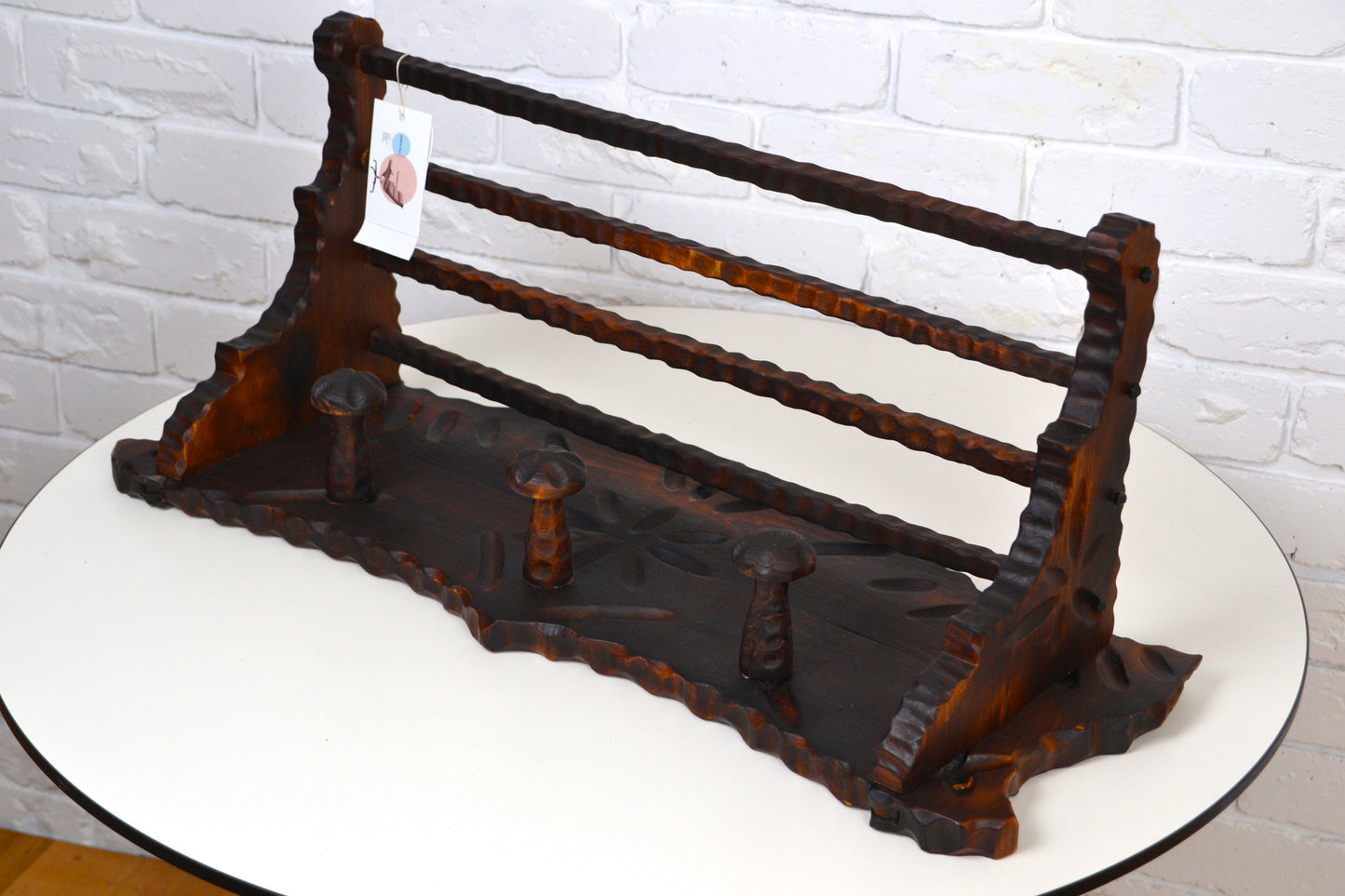 Vintage 1970s Brutalist style timber wall coat / hat rack
