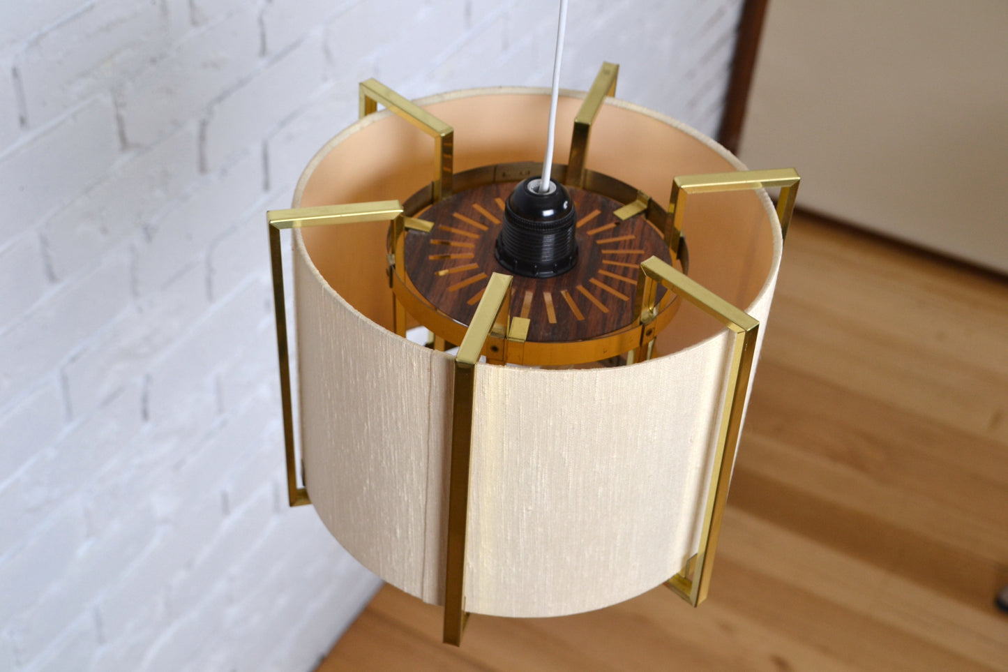 Vintage Danish pendant light - fabric & brass