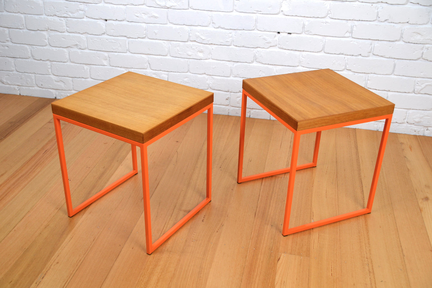 Modern designer stool /side table in natural Oak orange frame