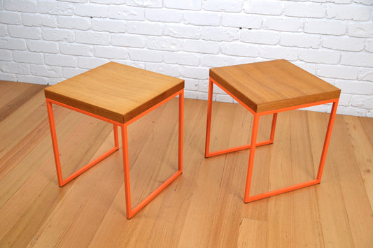 Modern designer stool /side table in natural Oak orange frame