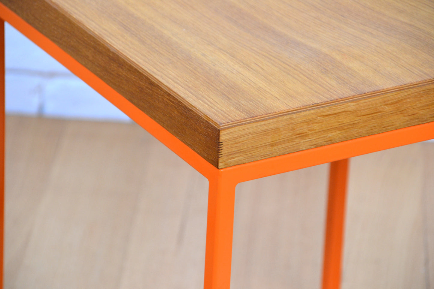 Modern designer stool /side table in natural Oak orange frame