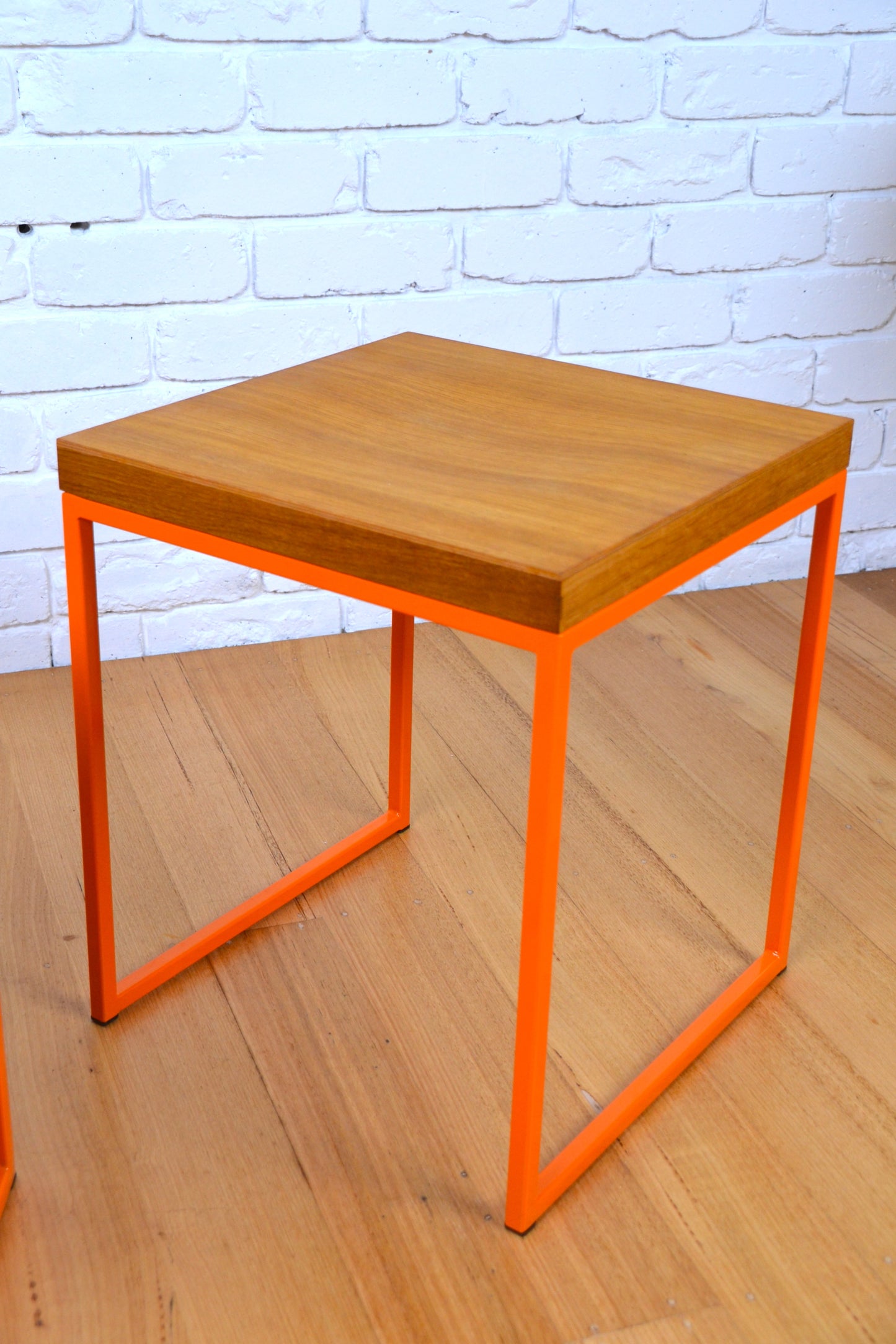 Modern designer stool /side table in natural Oak orange frame