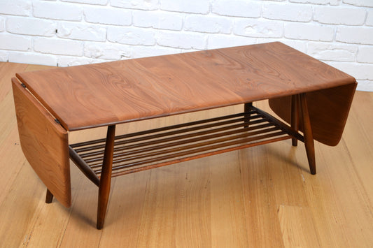 Rare Mid century drop leaf extension coffee table by Ercol - British mcm restored Elm / Beech