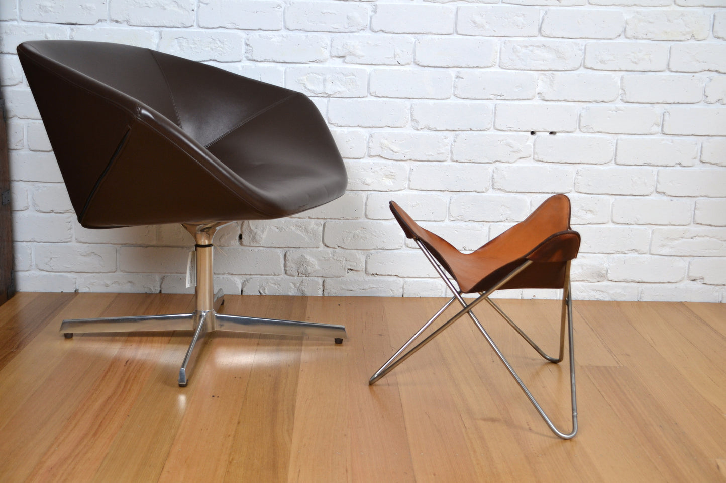 Vintage tan leather butterfly stool / footstool