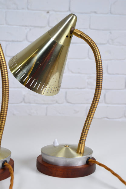Pair unique mid century anodised brass / silver cone desk lamps by Kempthorne