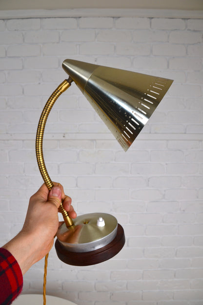 Pair unique mid century anodised brass / silver cone desk lamps by Kempthorne