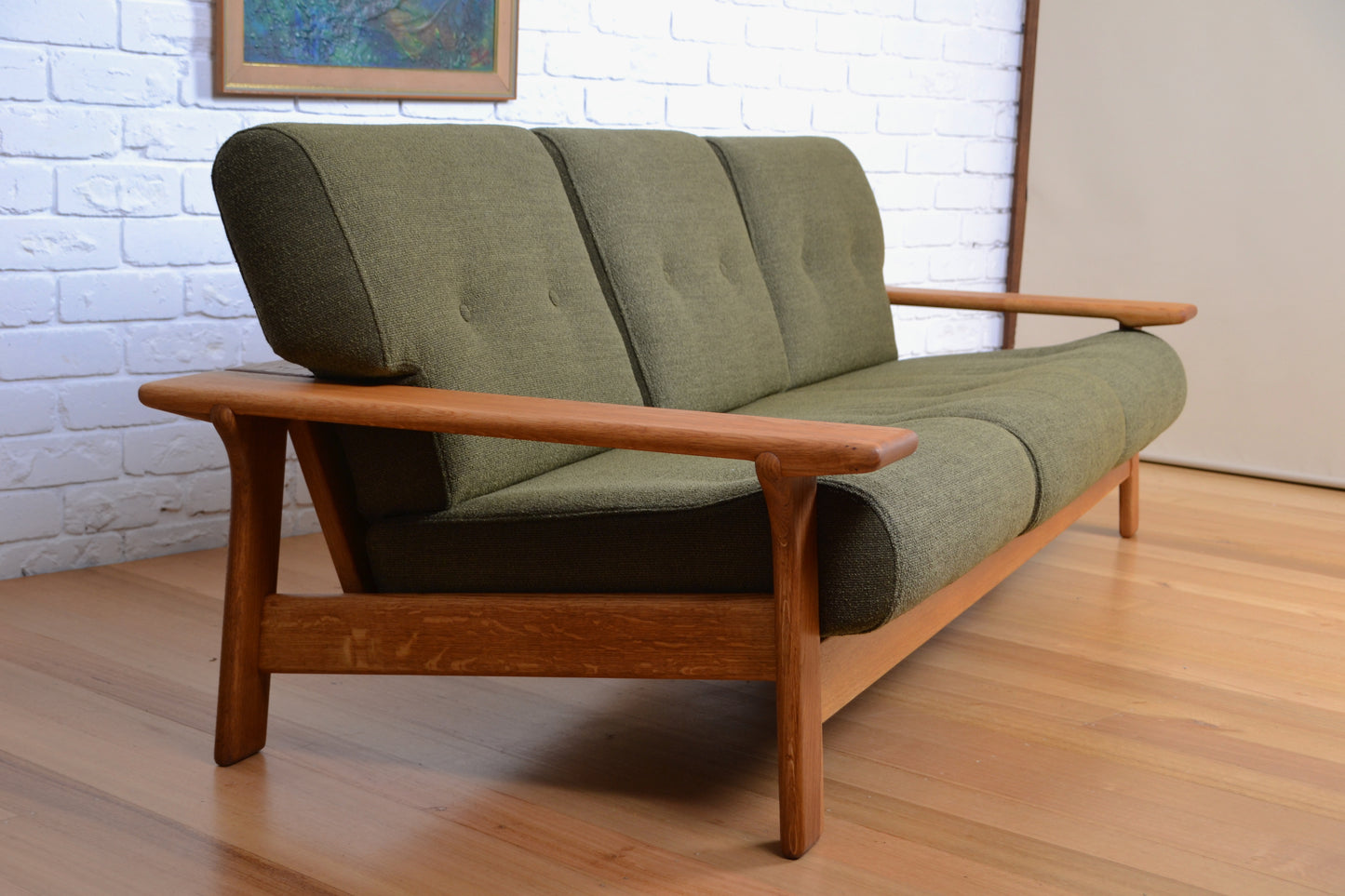 Unique vintage three seater low-lined Danish sofa *Restored Wool & Oak