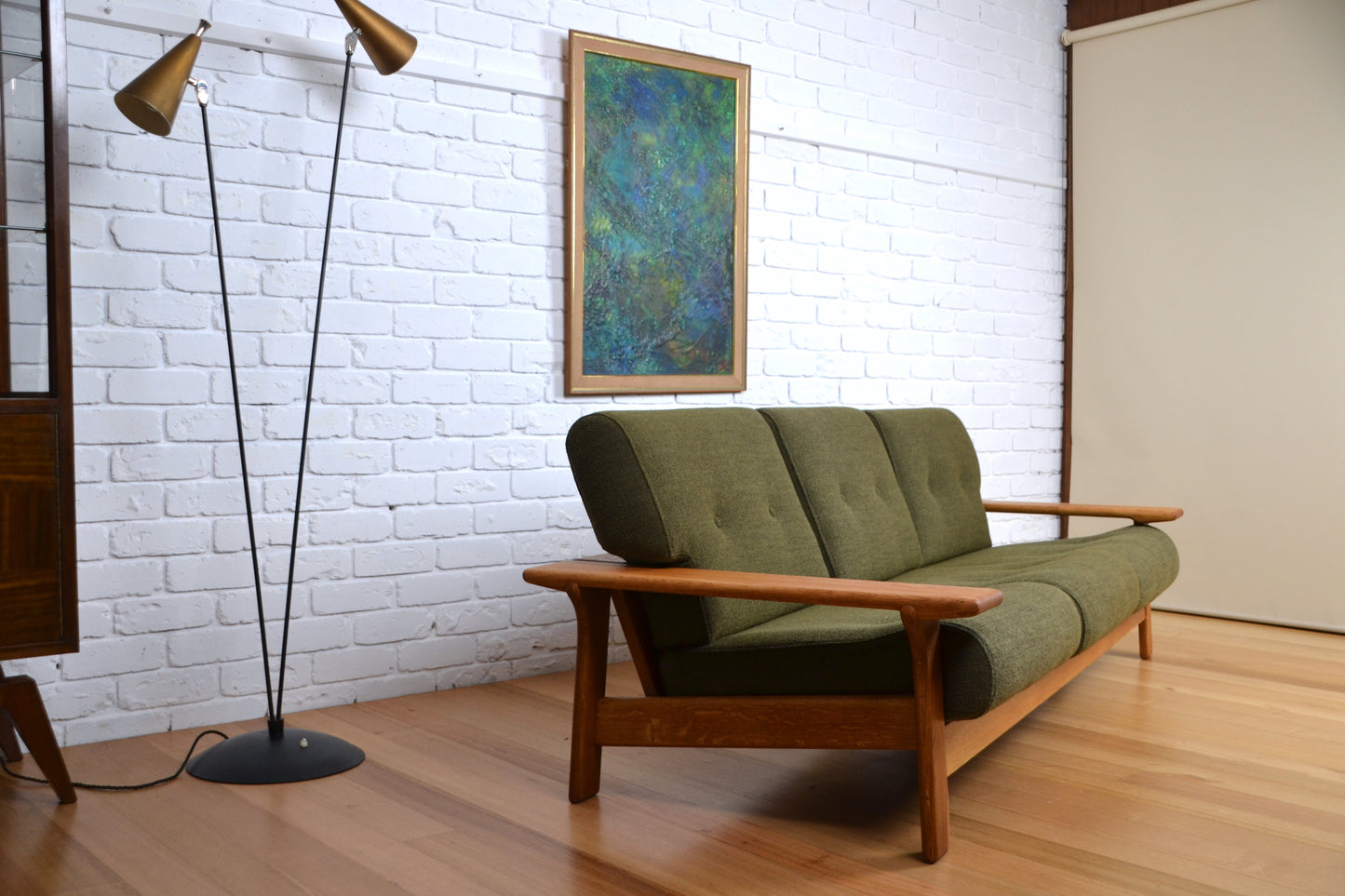 Unique vintage three seater low-lined Danish sofa *Restored Wool & Oak