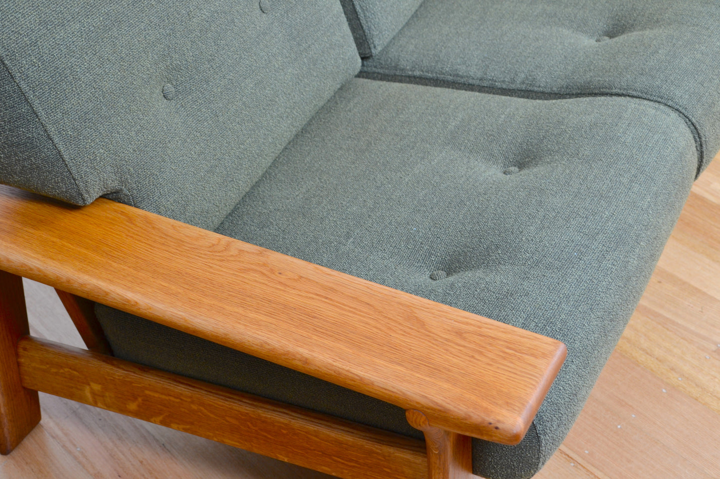 Unique vintage three seater low-lined Danish sofa *Restored Wool & Oak
