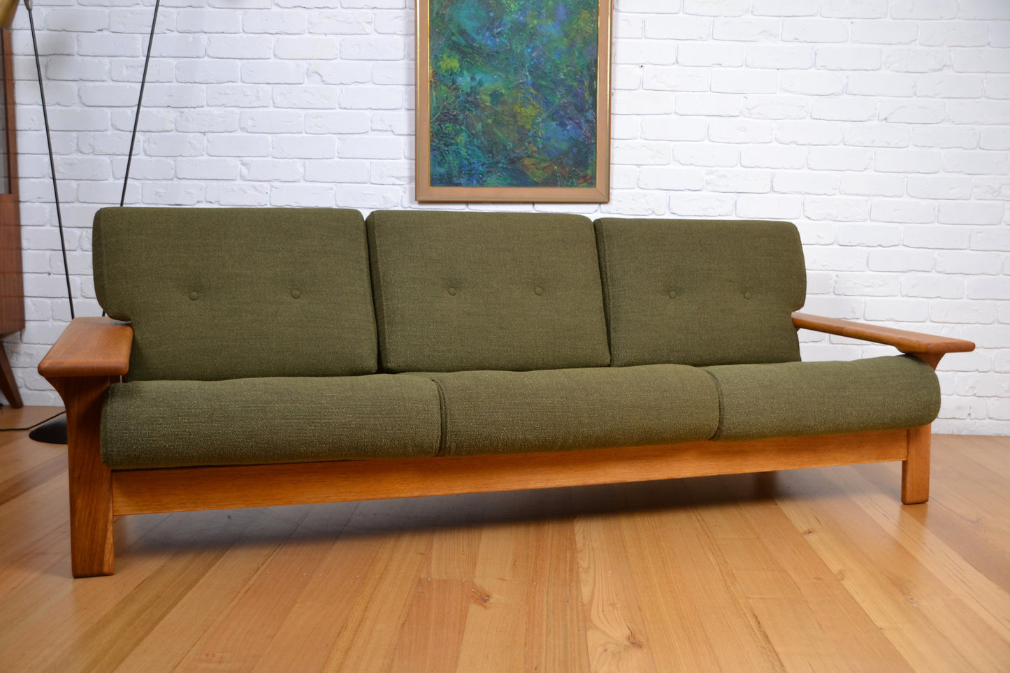 Unique vintage three seater low-lined Danish sofa *Restored Wool & Oak