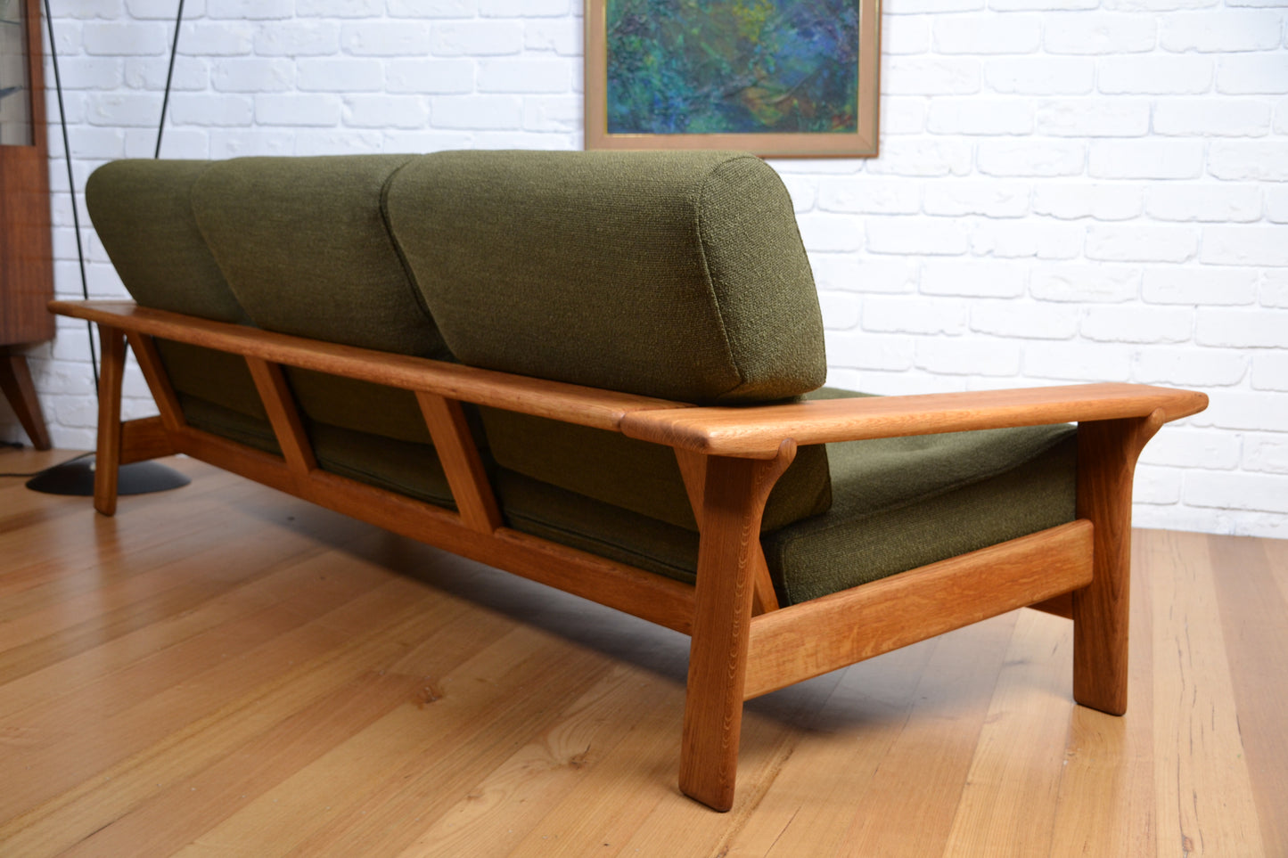 Unique vintage three seater low-lined Danish sofa *Restored Wool & Oak