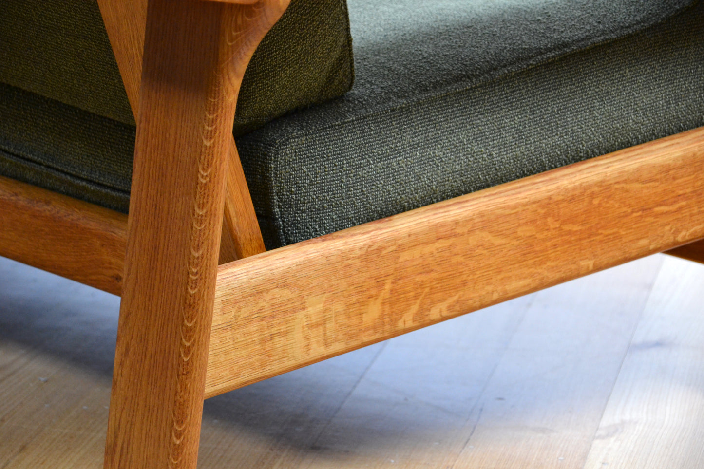Unique vintage three seater low-lined Danish sofa *Restored Wool & Oak