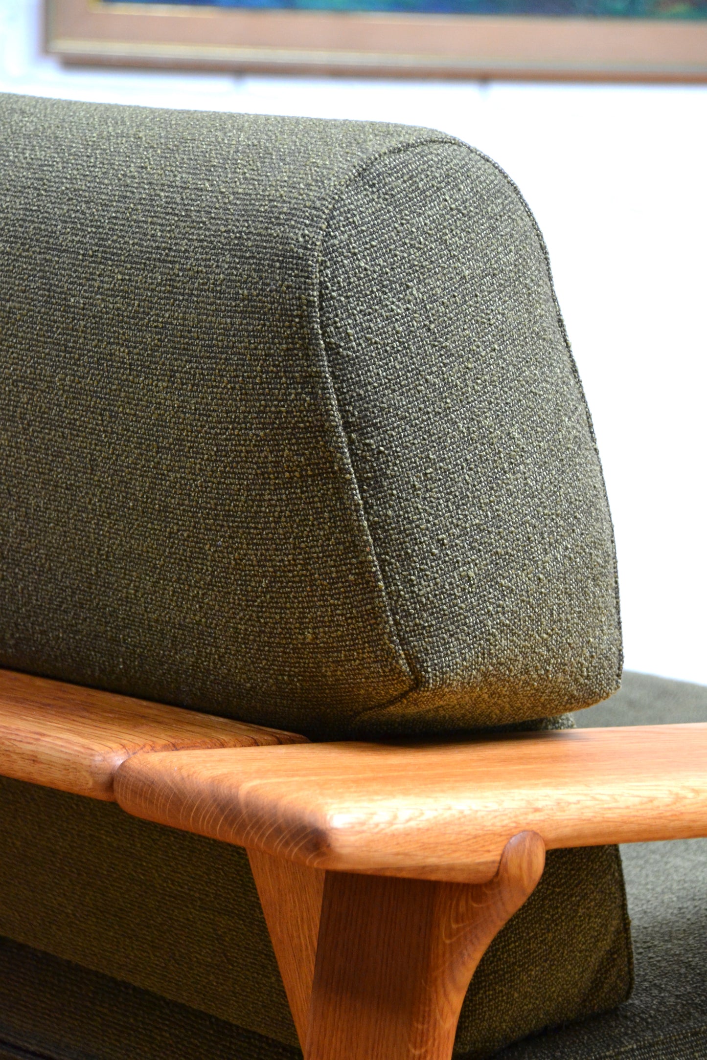 Unique vintage three seater low-lined Danish sofa *Restored Wool & Oak