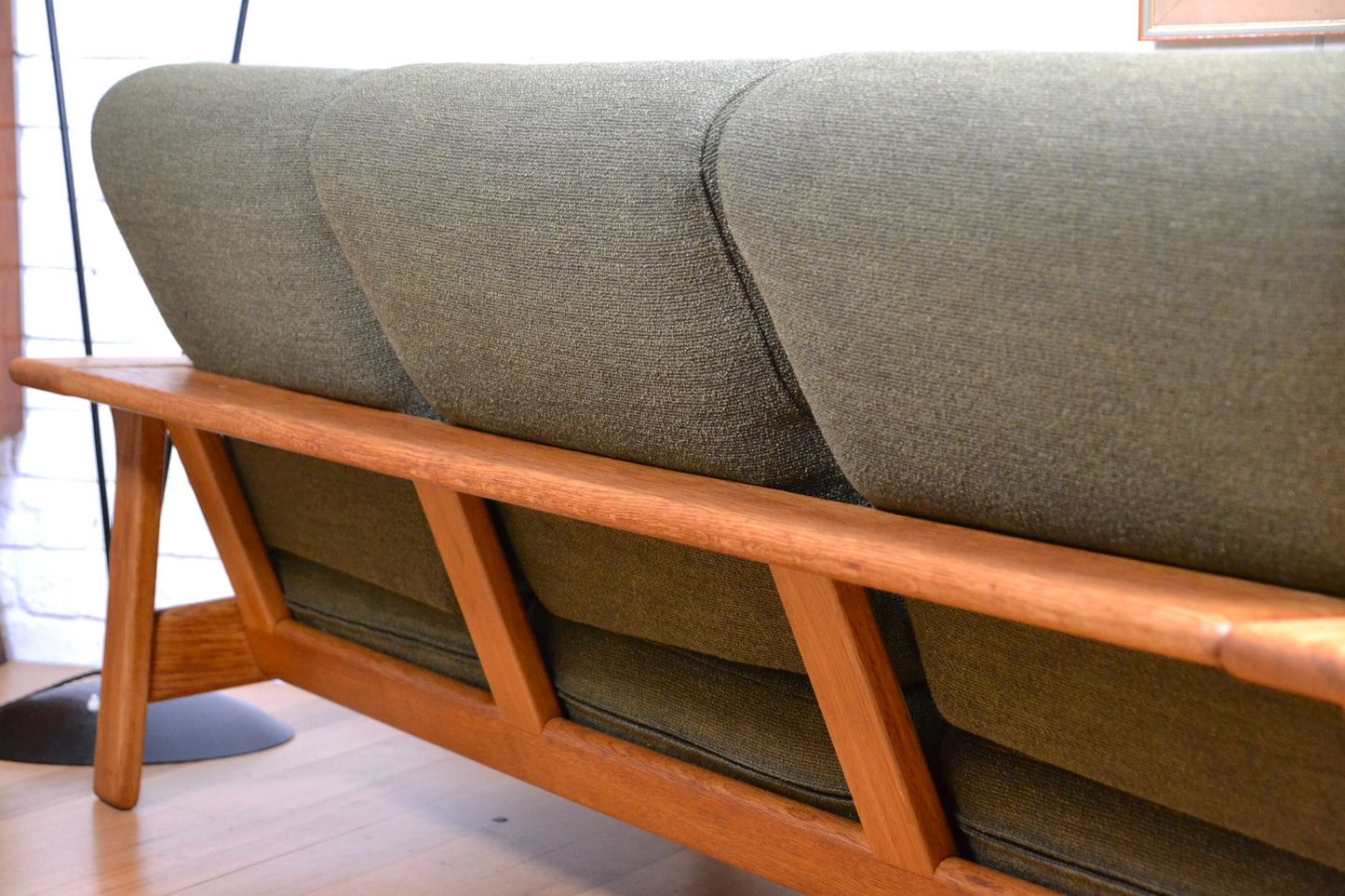 Unique vintage three seater low-lined Danish sofa *Restored Wool & Oak