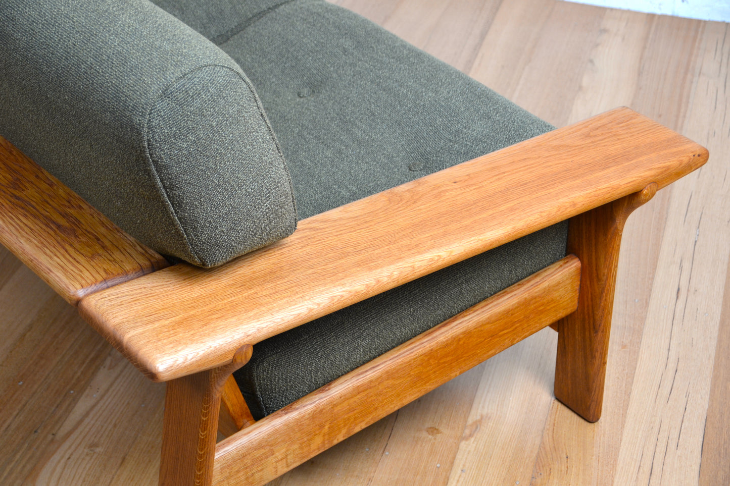 Unique vintage three seater low-lined Danish sofa *Restored Wool & Oak