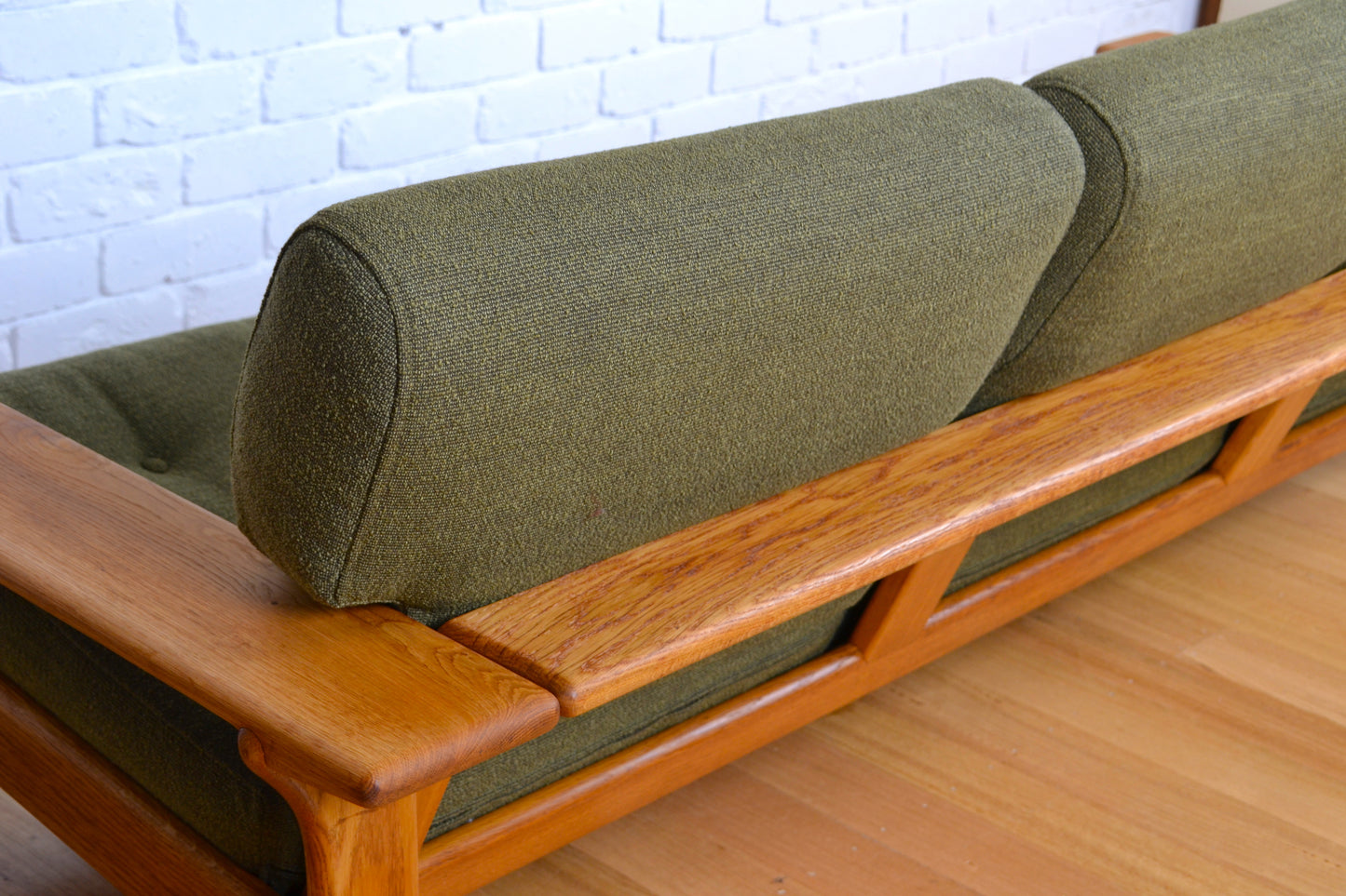 Unique vintage three seater low-lined Danish sofa *Restored Wool & Oak