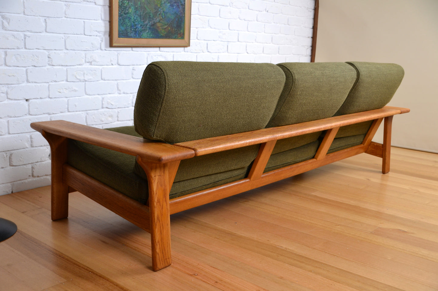 Unique vintage three seater low-lined Danish sofa *Restored Wool & Oak