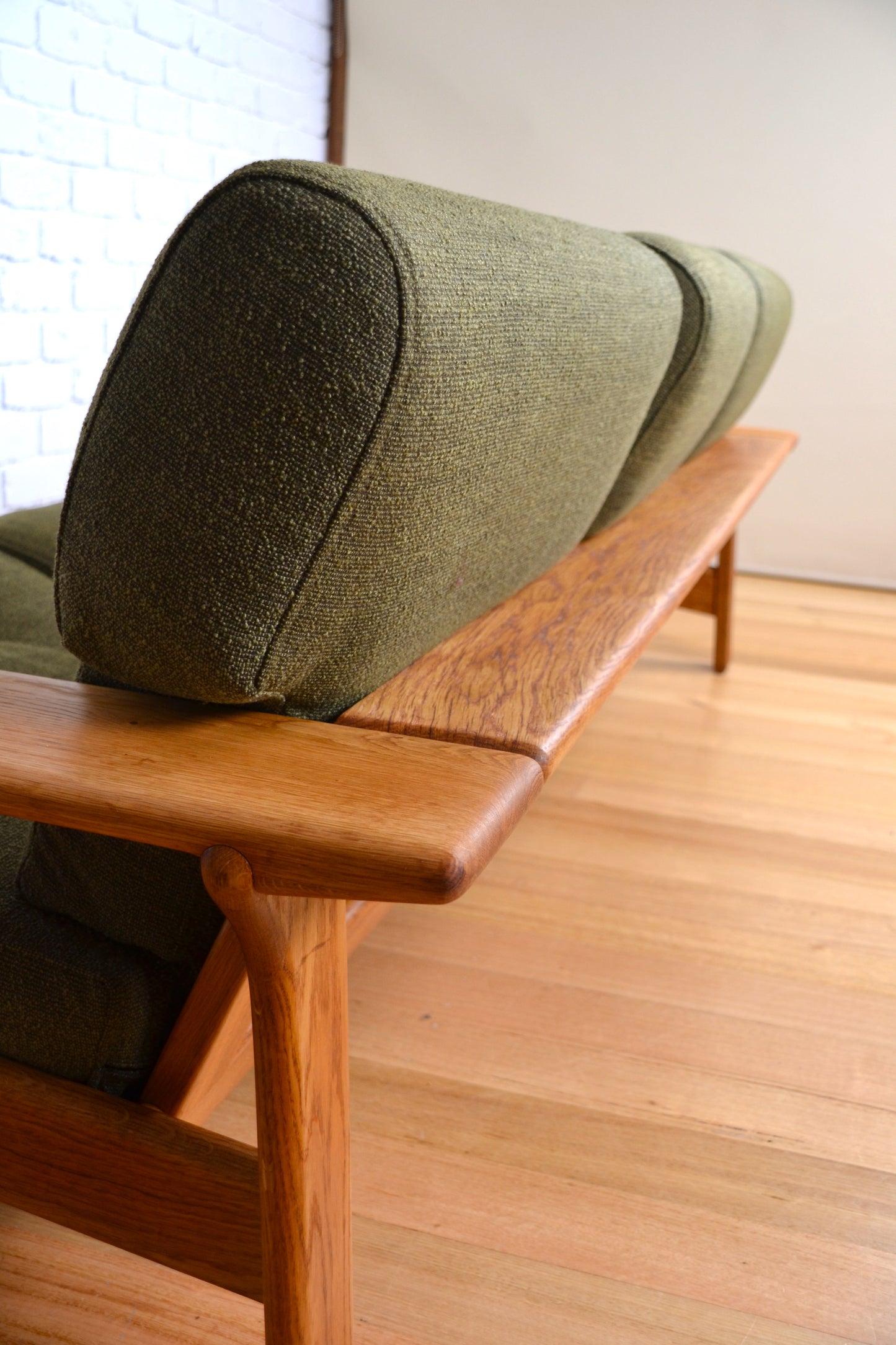 Unique vintage three seater low-lined Danish sofa *Restored Wool & Oak