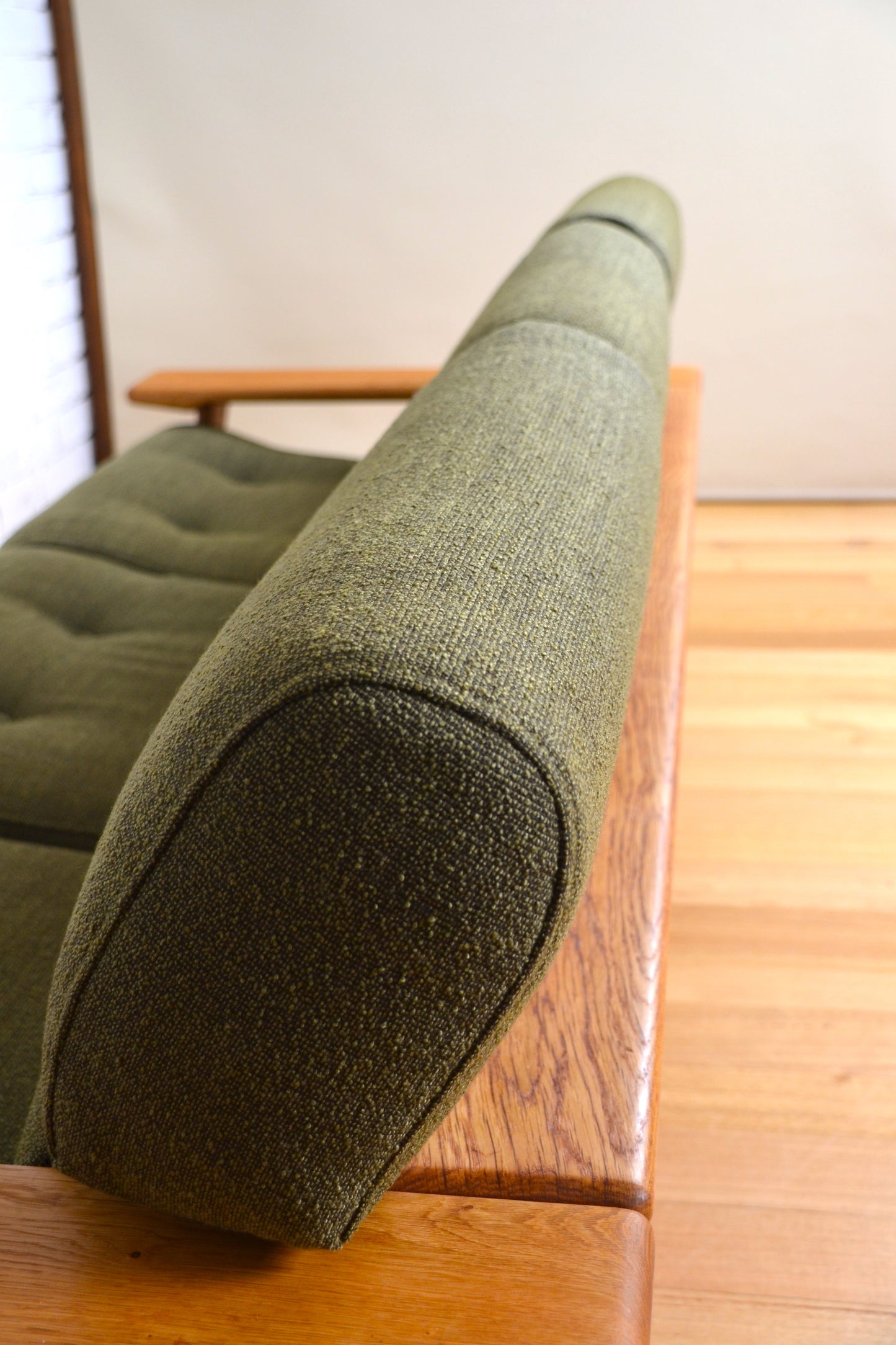 Unique vintage three seater low-lined Danish sofa *Restored Wool & Oak