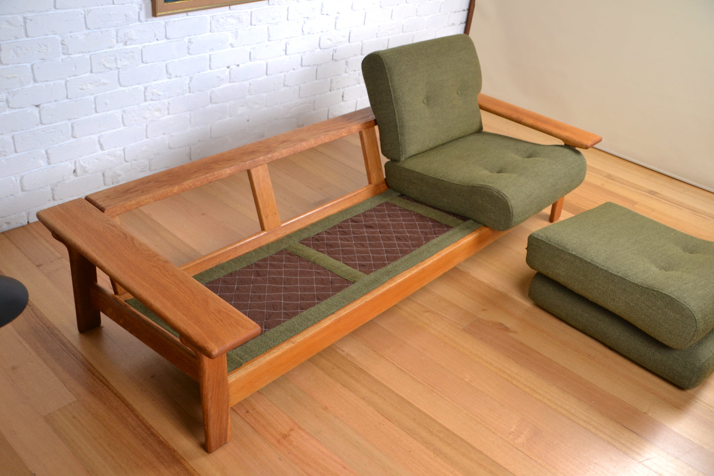 Unique vintage three seater low-lined Danish sofa *Restored Wool & Oak