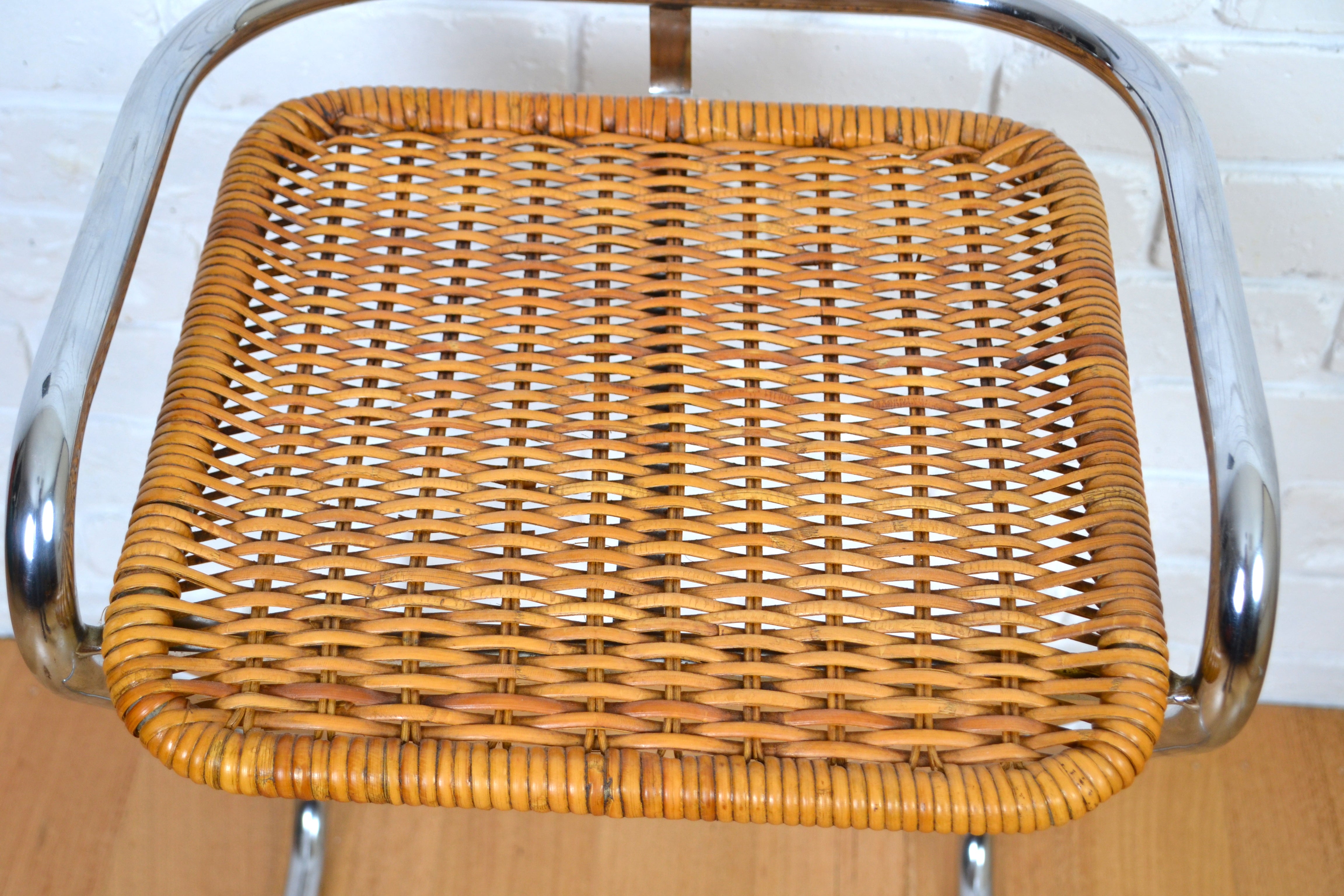 Pair vintage Italy Mariani bar stools - chrome & wicker Bauhaus design