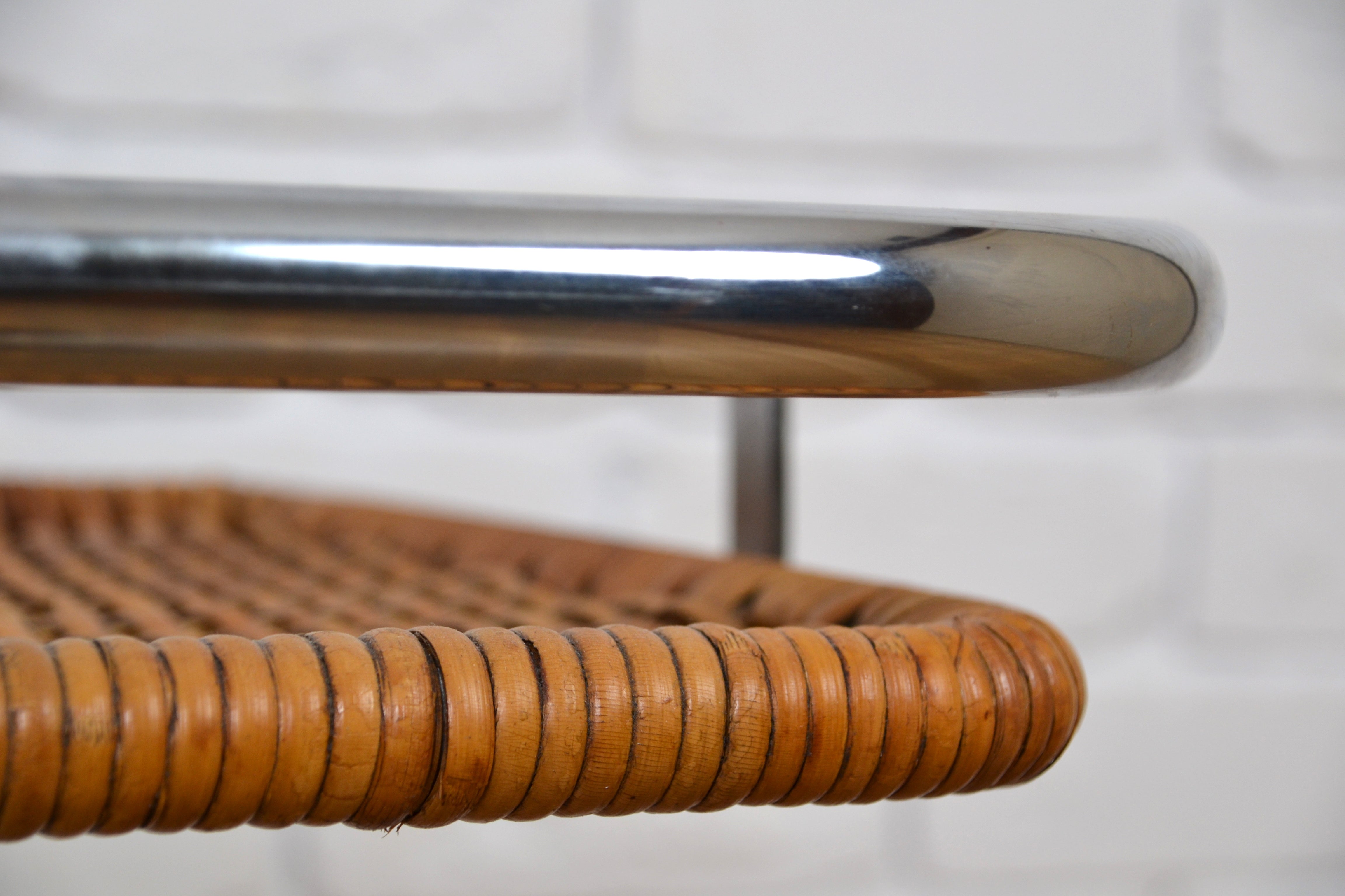 Pair vintage Italy Mariani bar stools - chrome & wicker Bauhaus design