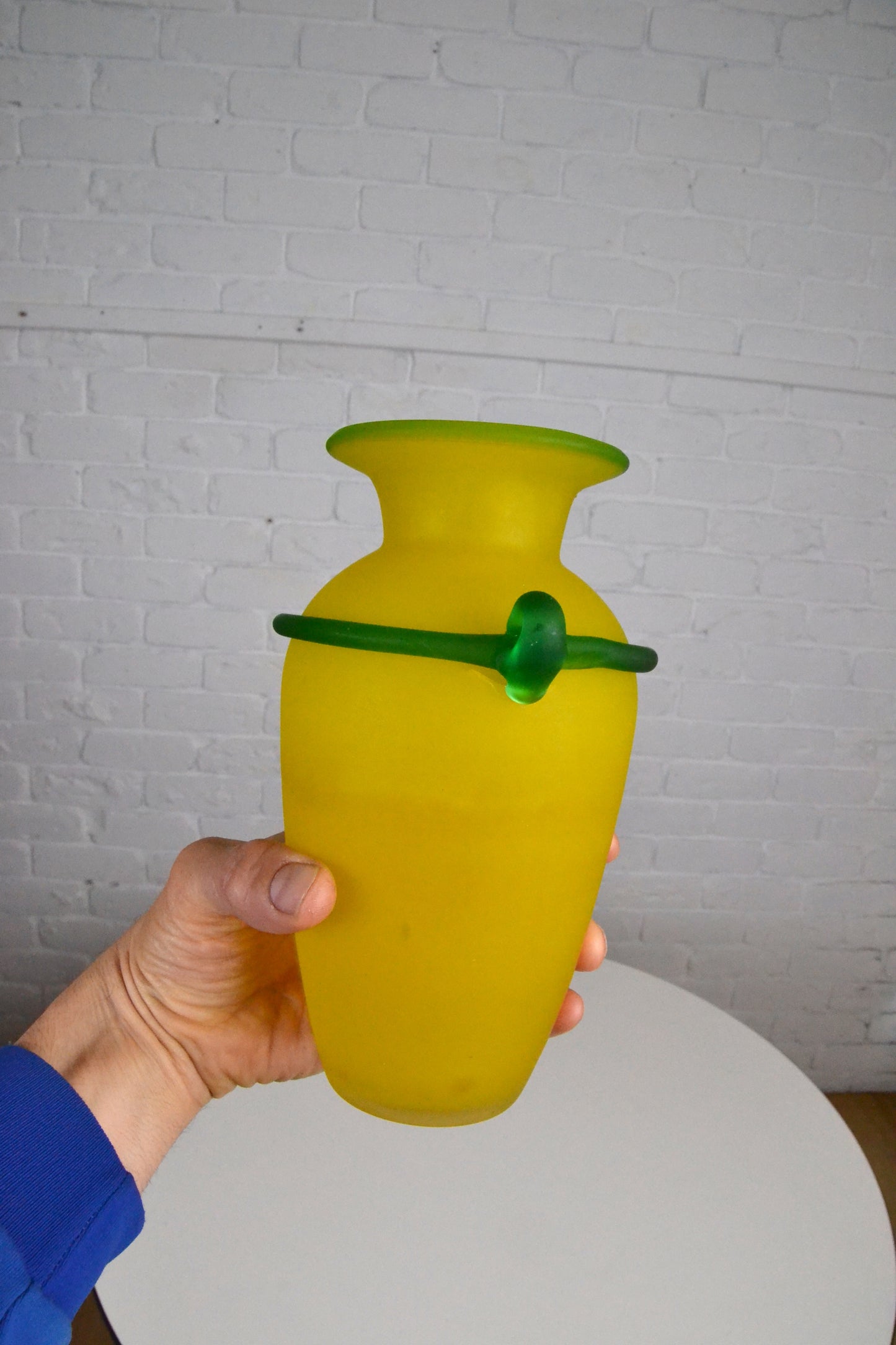 Vintage 1990s yellow frosted glass vase Franco Moretti Murano style