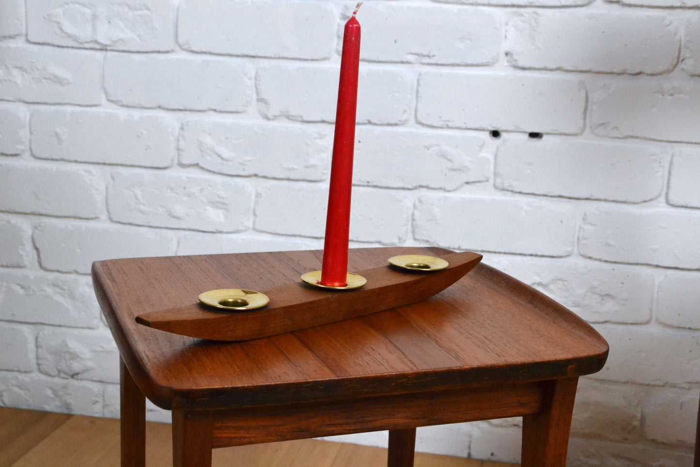 Mid century Norwegian Teak & brass candle holder table centre