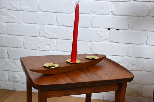 Mid century Norwegian Teak & brass candle holder table centre