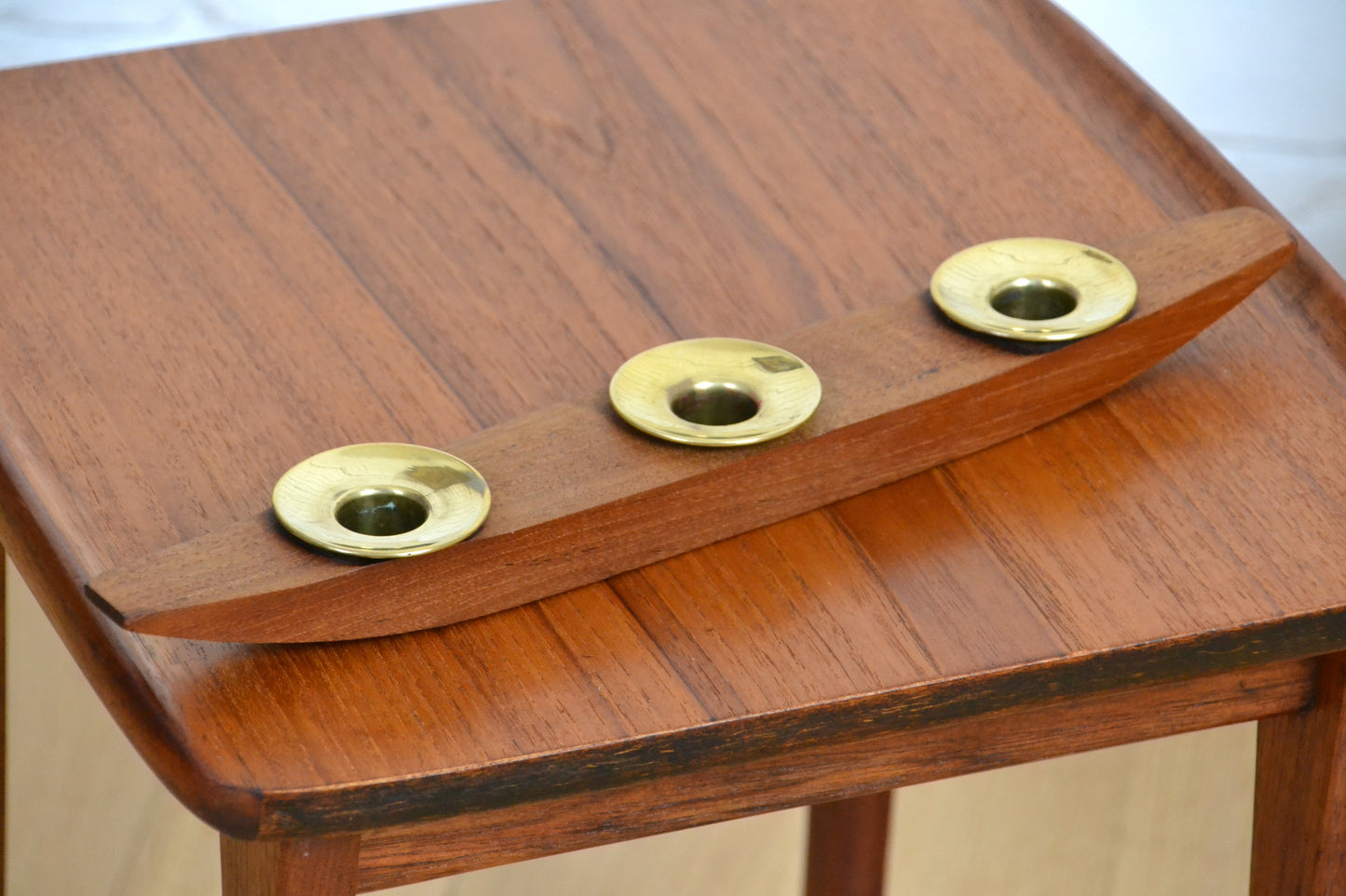 Mid century Norwegian Teak & brass candle holder table centre