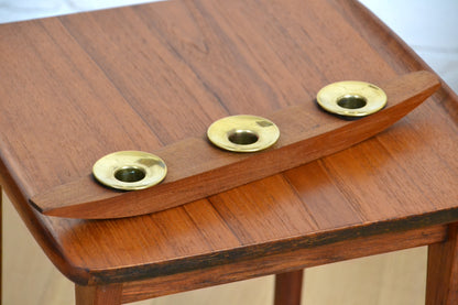 Mid century Norwegian Teak & brass candle holder table centre