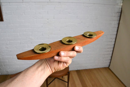 Mid century Norwegian Teak & brass candle holder table centre